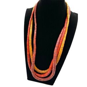 VTG 1970s–1980s Boho Multi-Strand Wood Bead Necklace 3 Layered Red Orange Yellow